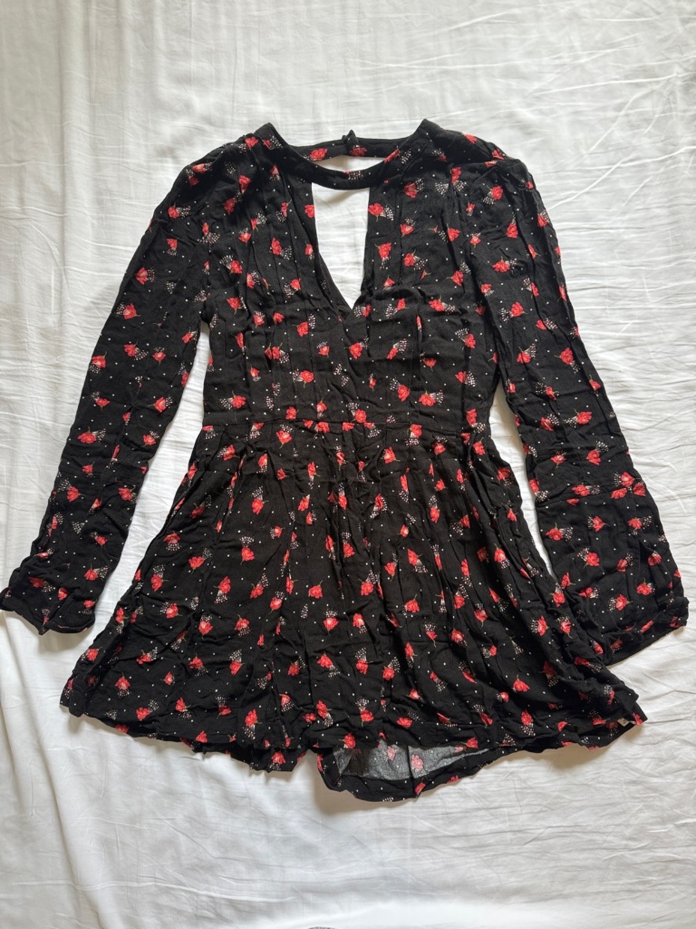 Free People Black Romper with Red Floral Accents